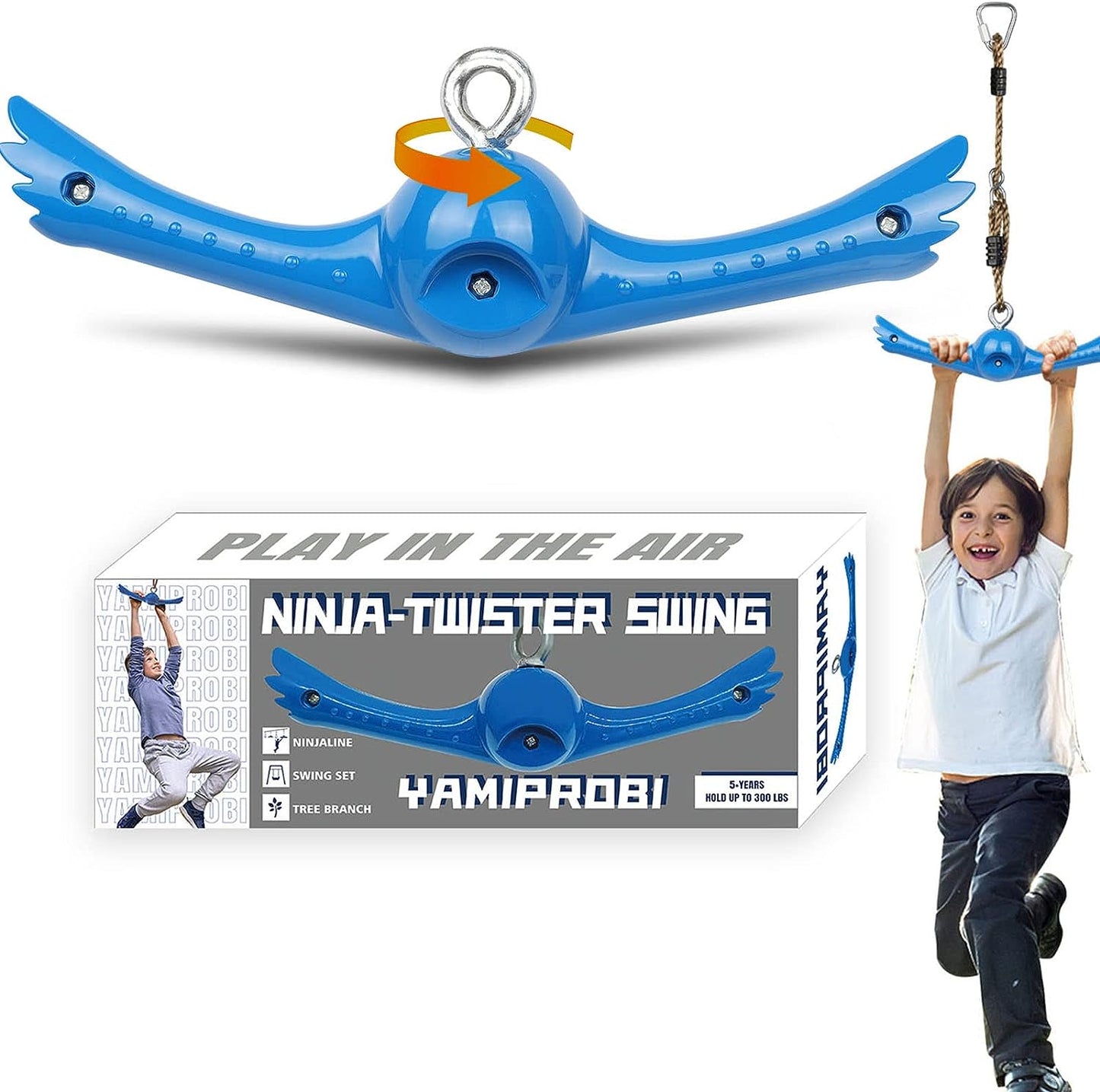 Ninja-Twister Swing Spins Set: Slackline Attachments - 360° Handle Twist-Spin Flips Toy Activate Ninja Powers Warrior Accessories Kids Hang Toys for Playground Backyard Blue