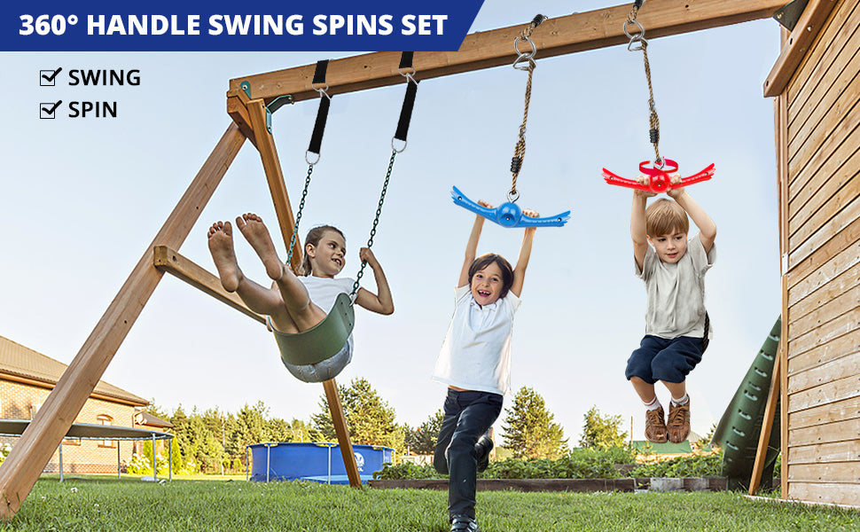 Ninja-Twister Swing Spins Set: Slackline Attachments - 360° Handle Twist-Spin Flips Toy Activate Ninja Powers Warrior Accessories Kids Hang Toys for Playground Backyard Blue