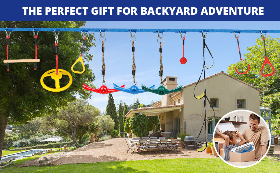 Ninja-Twister Swing Spins Set: Slackline Attachments - 360° Handle Twist-Spin Flips Toy Activate Ninja Powers Warrior Accessories Kids Hang Toys for Playground Backyard Blue