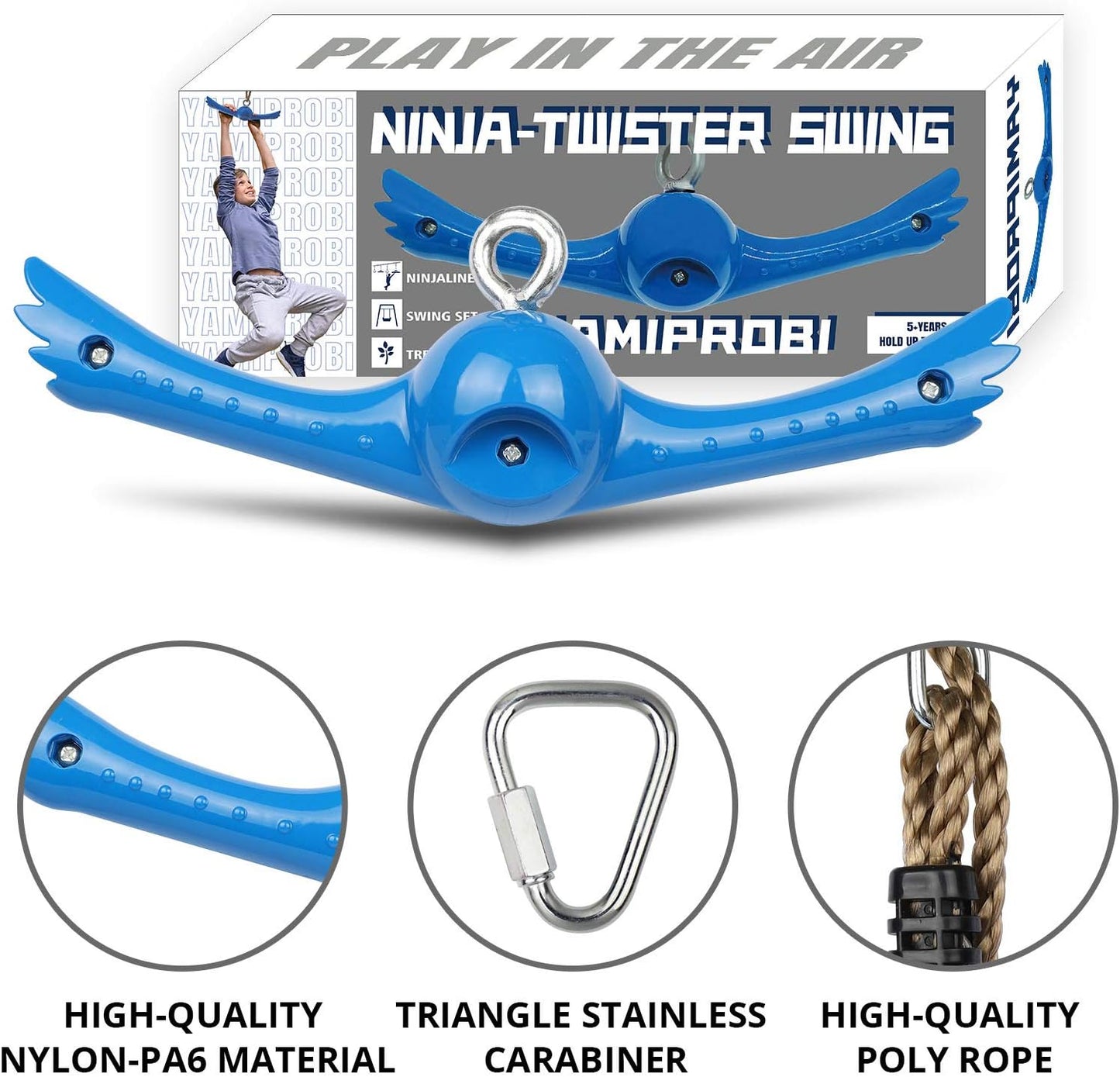 Ninja-Twister Swing Spins Set: Slackline Attachments - 360° Handle Twist-Spin Flips Toy Activate Ninja Powers Warrior Accessories Kids Hang Toys for Playground Backyard Blue