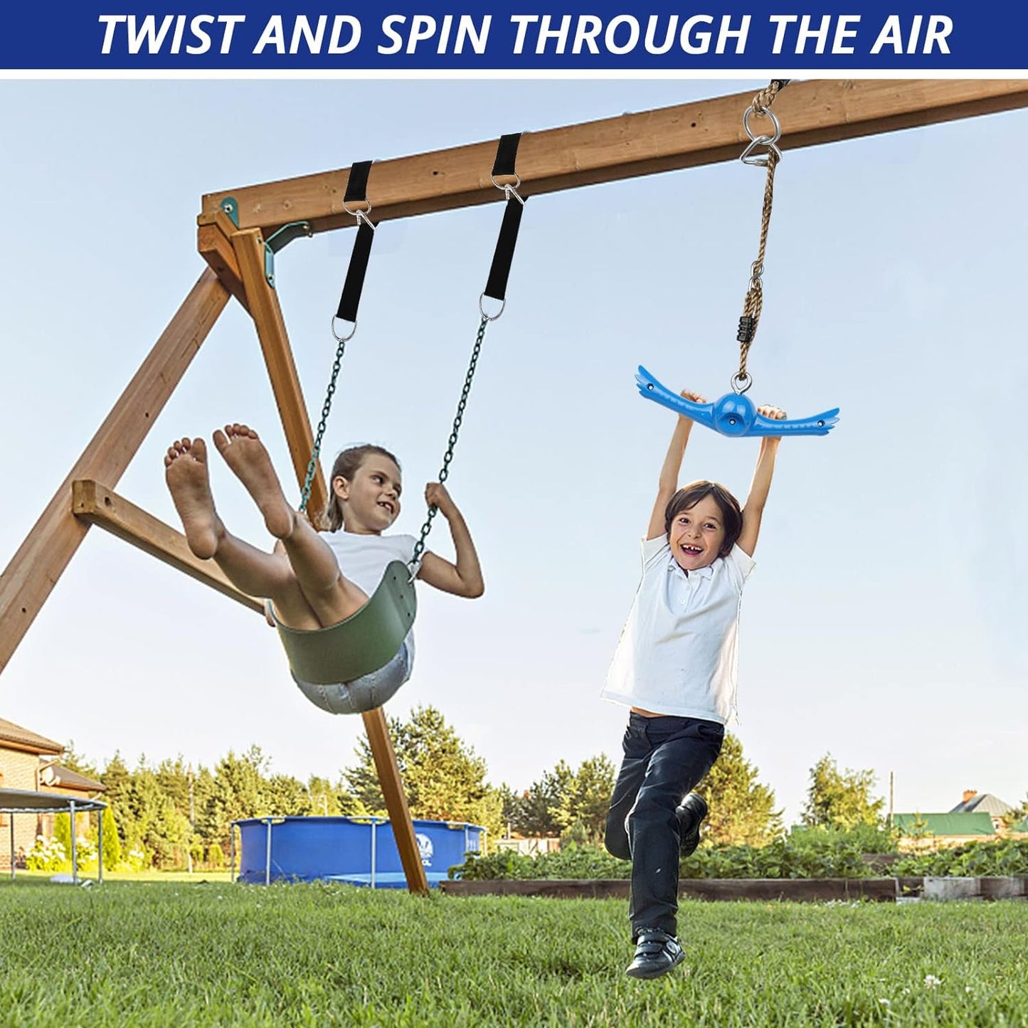 Ninja-Twister Swing Spins Set: Slackline Attachments - 360° Handle Twist-Spin Flips Toy Activate Ninja Powers Warrior Accessories Kids Hang Toys for Playground Backyard Blue