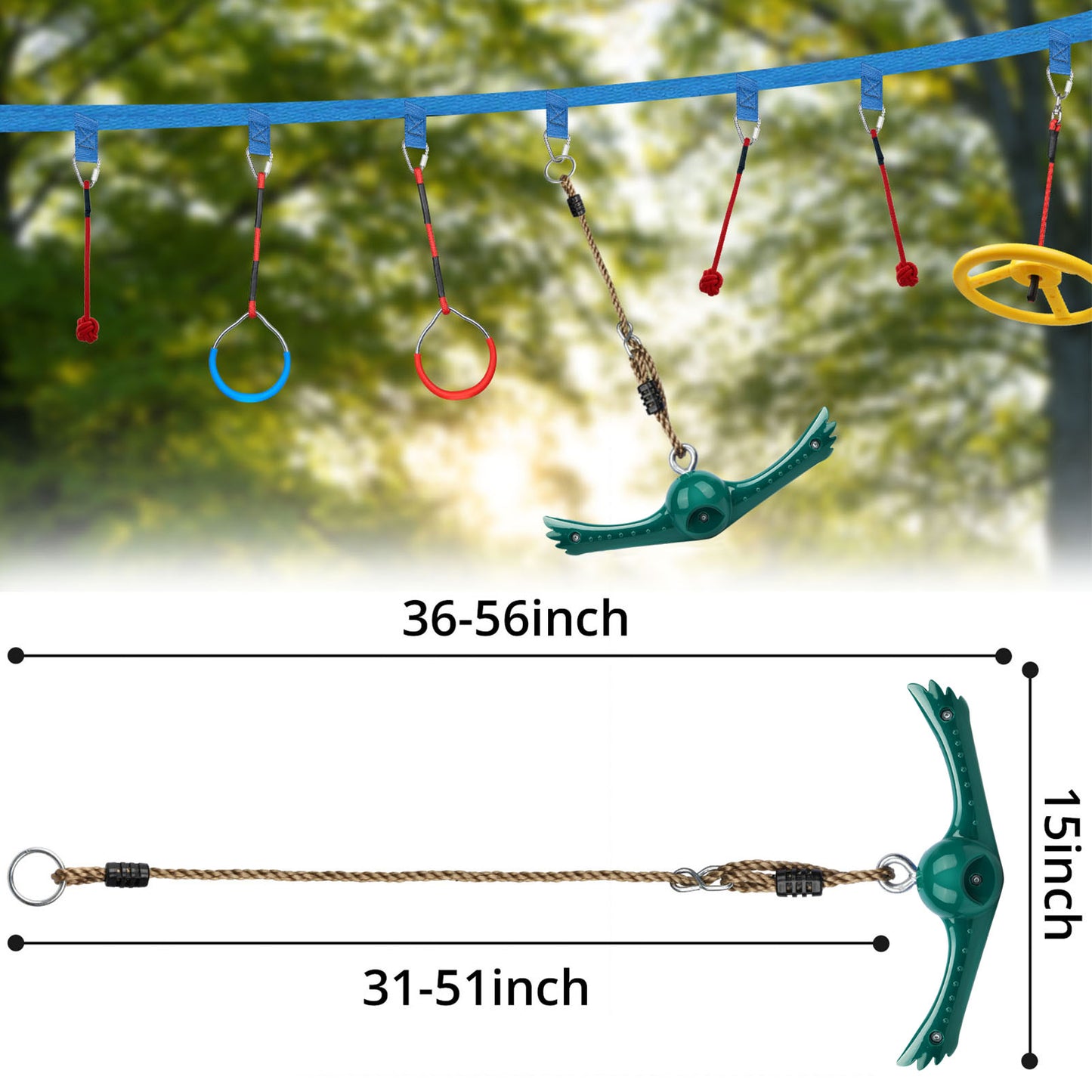 Swing Spins Set: 360° Handle Twist-Spin Flips Toy - Slackline Attachments Activate Play Powers - Accessories for Kids' Playground and Backyard Fun, Green